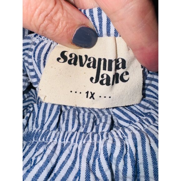 Savanna Jane Blue White Striped Sleeveless Top Embroidery Bow 1X Beach Resort - Picture 7 of 8